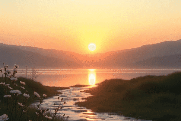 The Science of Gratitude: Daily Practices to Boost Emotional Wellness Sunrise over a calm landscape with glowing light, blooming flowers, and gentle flowing water, evoking peace, gratitude, and positivity.