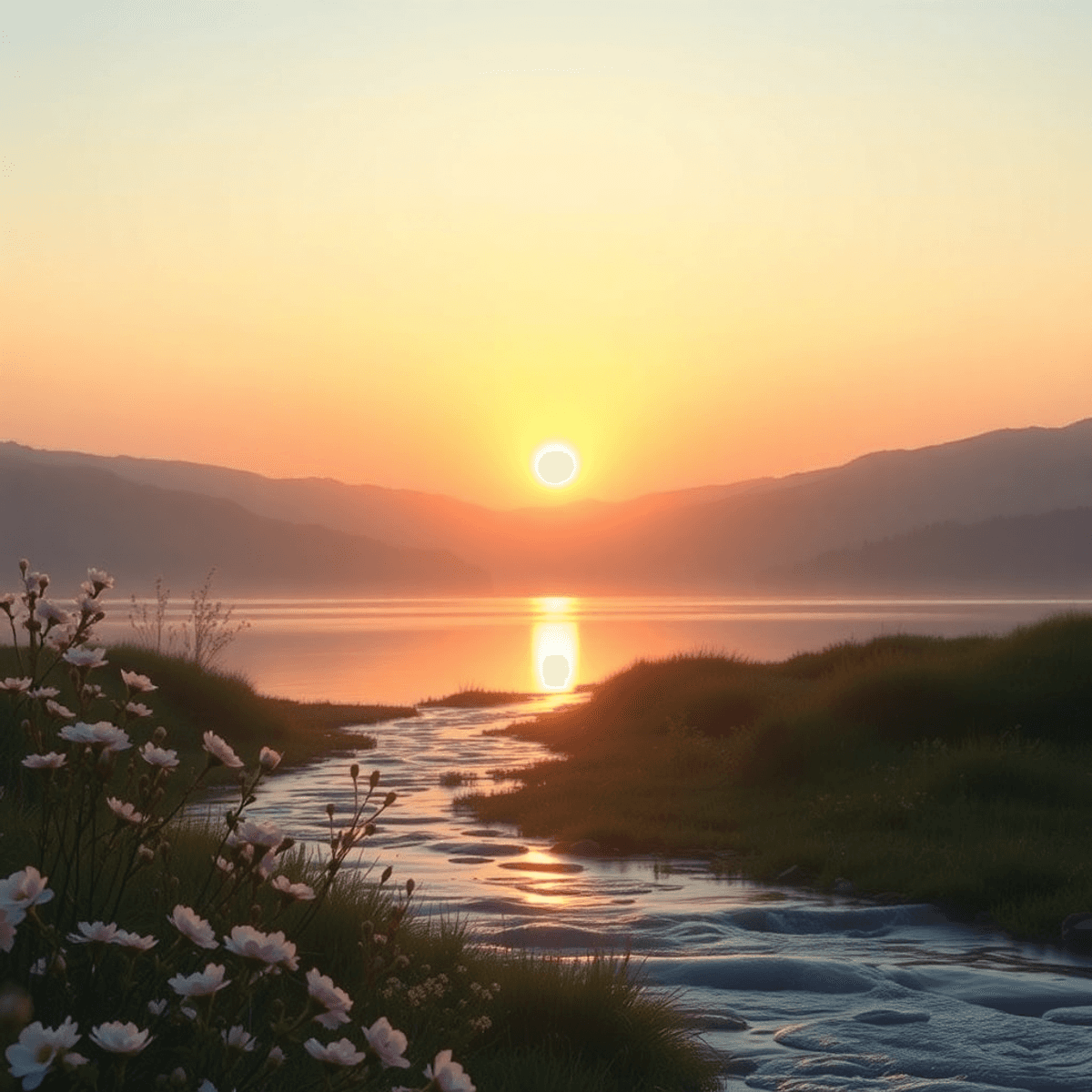 Sunrise over a calm landscape with glowing light, blooming flowers, and gentle flowing water, evoking peace, gratitude, and positivity.