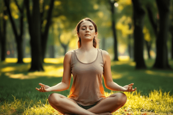 How To Focus On Yourself: What You Need to Know Woman meditating cross-legged in a sunlit forest, eyes closed, surrounded by trees, embodying calmness and mindfulness.