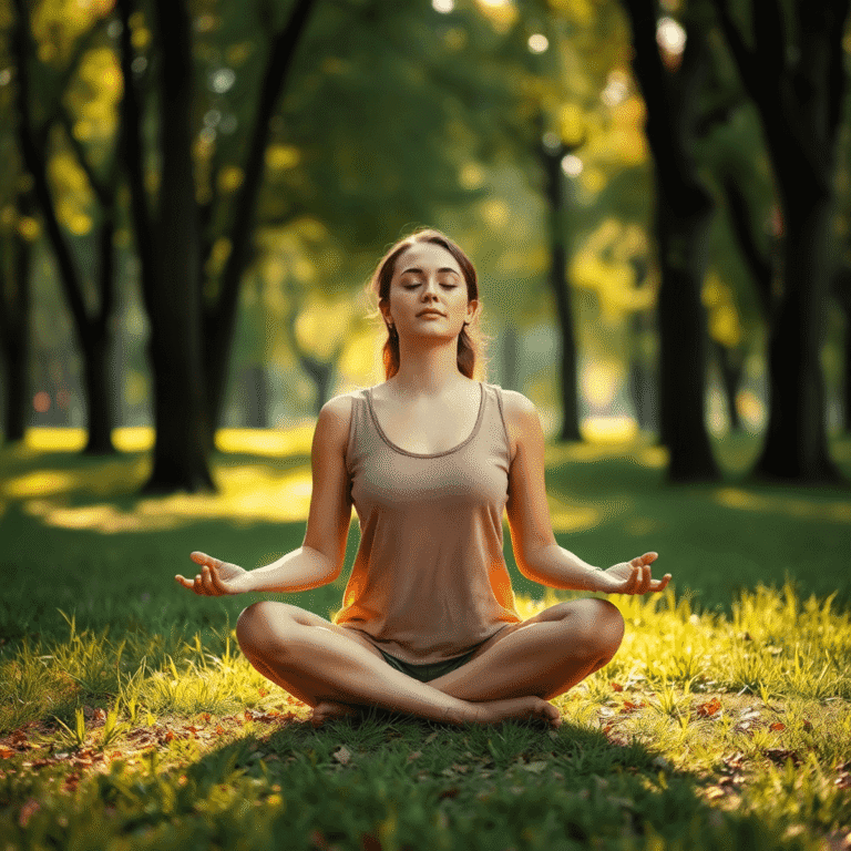 Woman meditating cross-legged in a sunlit forest, eyes closed, surrounded by trees, embodying calmness and mindfulness.