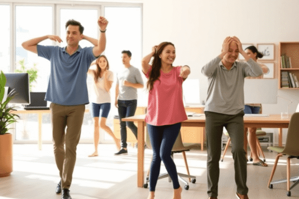 Benefits of Intermittent Movement Throughout the Day (Not Just Exercise) A bright workspace with people stretching, walking, and standing, illustrating intermittent movement for health during a busy day.