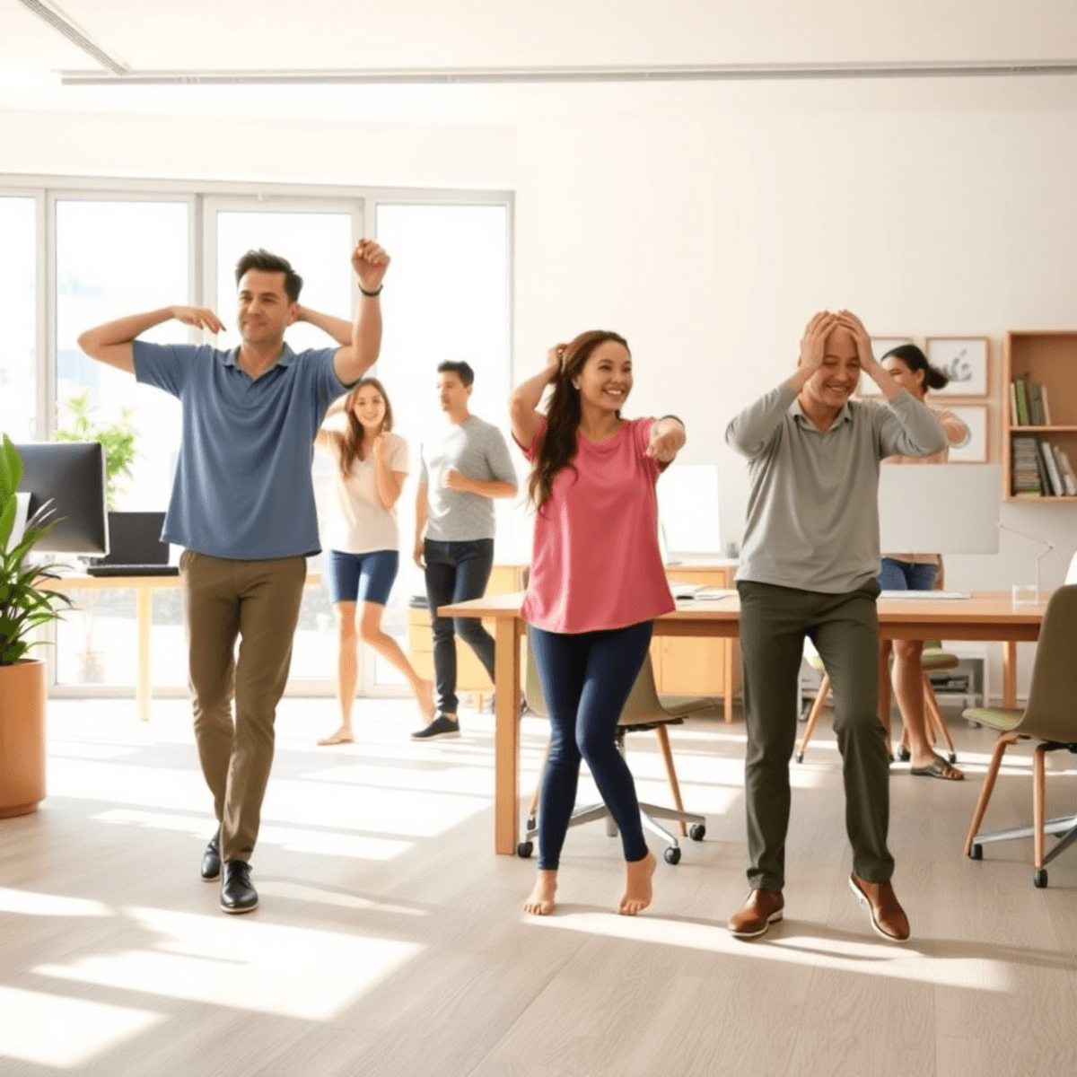 A bright workspace with people stretching, walking, and standing, illustrating intermittent movement for health during a busy day.