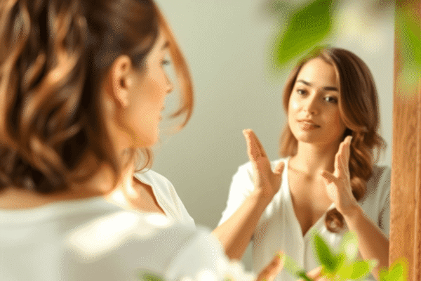 The Power of Affirmations: Shifting Negative Self-Talk Patterns A calm woman practicing positive affirmations in front of a mirror, surrounded by soft natural light and gentle greenery, symbolizing mental well-b...