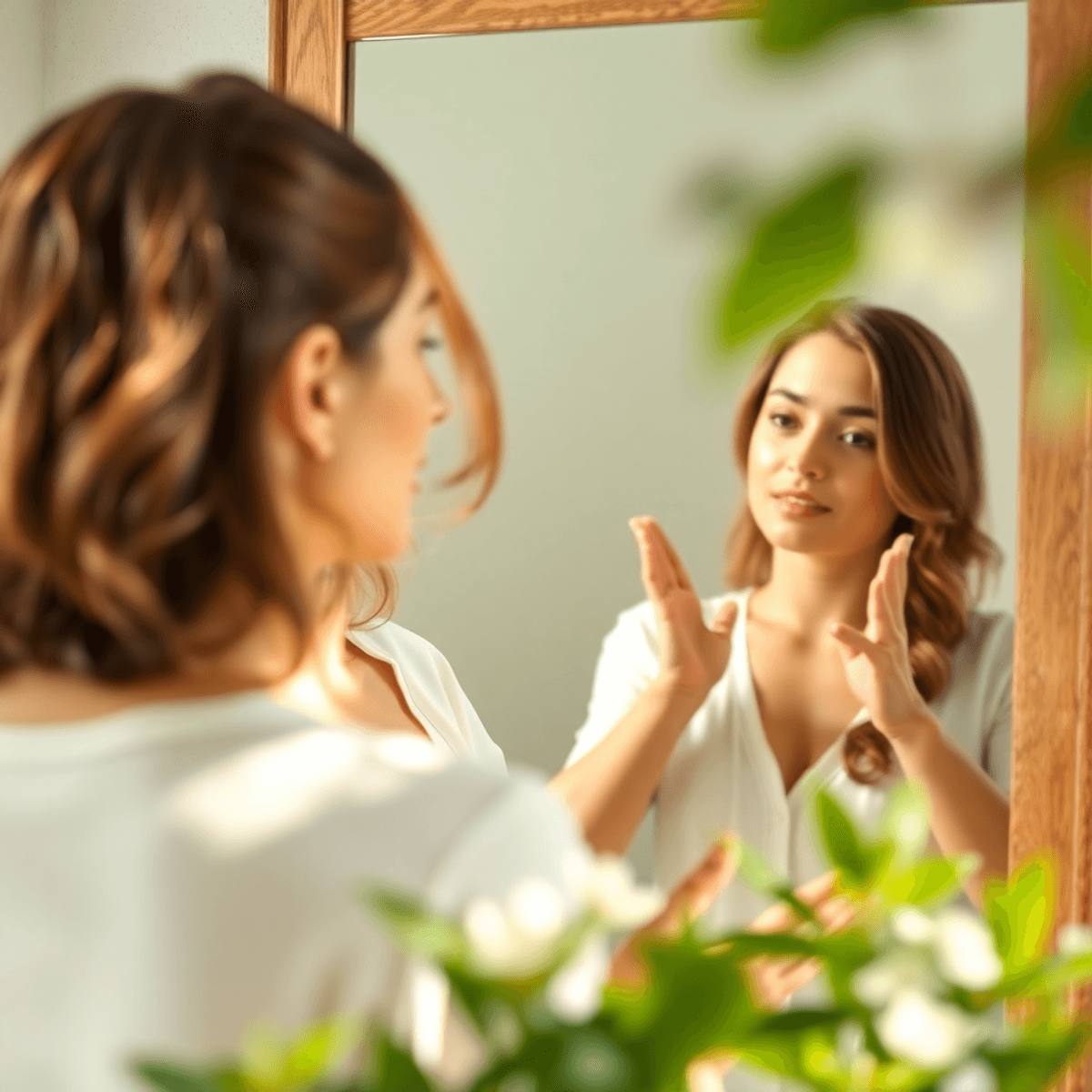 A calm woman practicing positive affirmations in front of a mirror, surrounded by soft natural light and gentle greenery, symbolizing mental well-b...