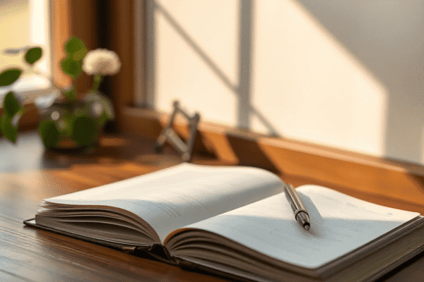 How Journaling Can Improve Your Mental Clarity and Resilience A calm workspace with an open journal, pen, and soft natural light highlighting a serene atmosphere for journaling.