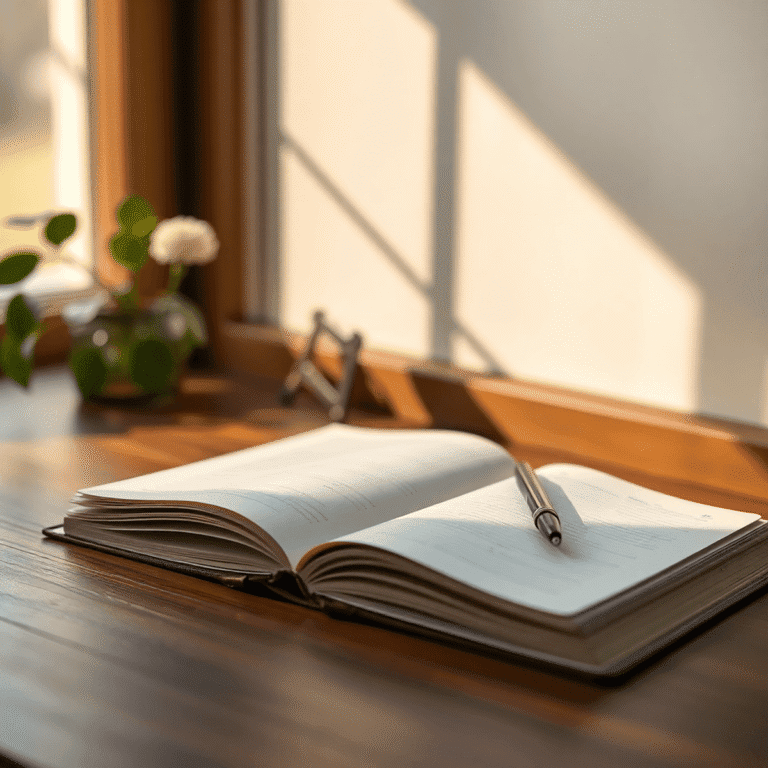 A calm workspace with an open journal, pen, and soft natural light highlighting a serene atmosphere for journaling.