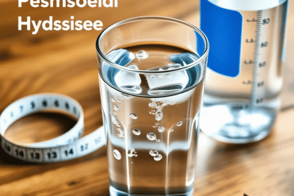 Hydration Habits: How Much Water Do You Really Need? A clear glass of water with droplets on the outside, next to a water bottle and measuring tape on a wooden table.