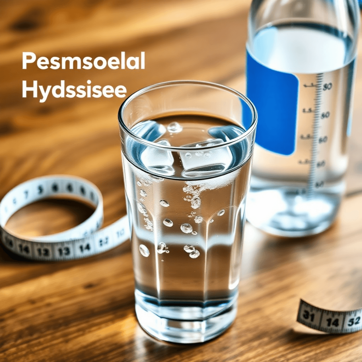 A clear glass of water with droplets on the outside, next to a water bottle and measuring tape on a wooden table.