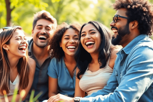 How Laughter Therapy Can Transform Your Mood and Relationships A group of people laughing and enjoying each other's company in a sunny park, radiating joy and connection.