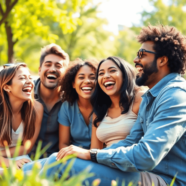 A group of people laughing and enjoying each other's company in a sunny park, radiating joy and connection.