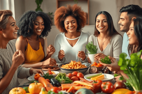 Intuitive Eating for Sustainable Weight Management and Body Positivity A group sharing a balanced meal with fresh fruits and vegetables in a calm, inviting setting, symbolizing intuitive eating and wellness.