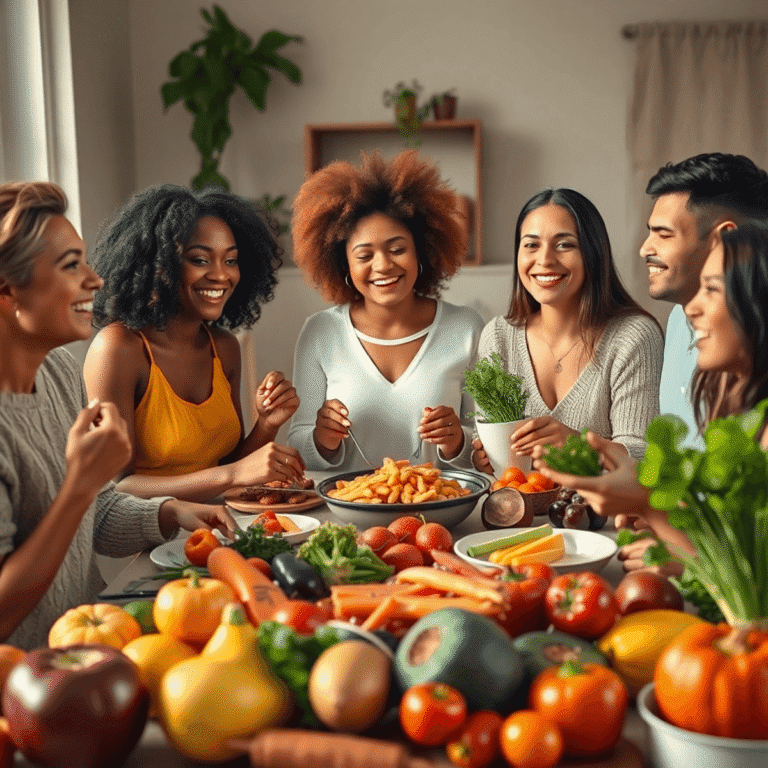 A group sharing a balanced meal with fresh fruits and vegetables in a calm, inviting setting, symbolizing intuitive eating and wellness.