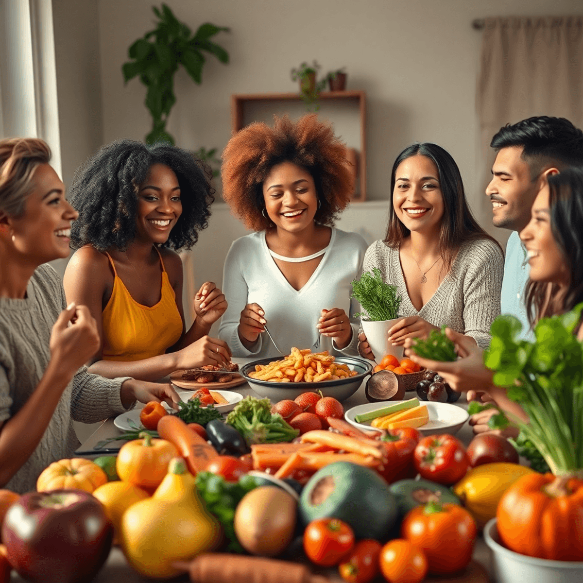 A group sharing a balanced meal with fresh fruits and vegetables in a calm, inviting setting, symbolizing intuitive eating and wellness.