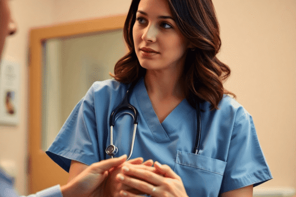 How to Recognize and Prevent Compassion Fatigue A healthcare professional gently holding a patient's hand in a warm, softly lit clinical setting, conveying care and empathy.