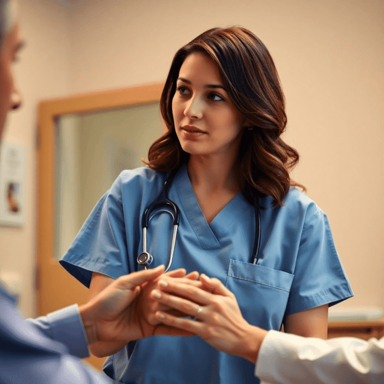 A healthcare professional gently holding a patient's hand in a warm, softly lit clinical setting, conveying care and empathy.