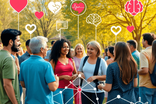 The Role of Community in Holistic Health: Building Support Networks A lively community gathering in a sunny park with people engaging in supportive activities, surrounded by heart, brain, and connected hands symbols...