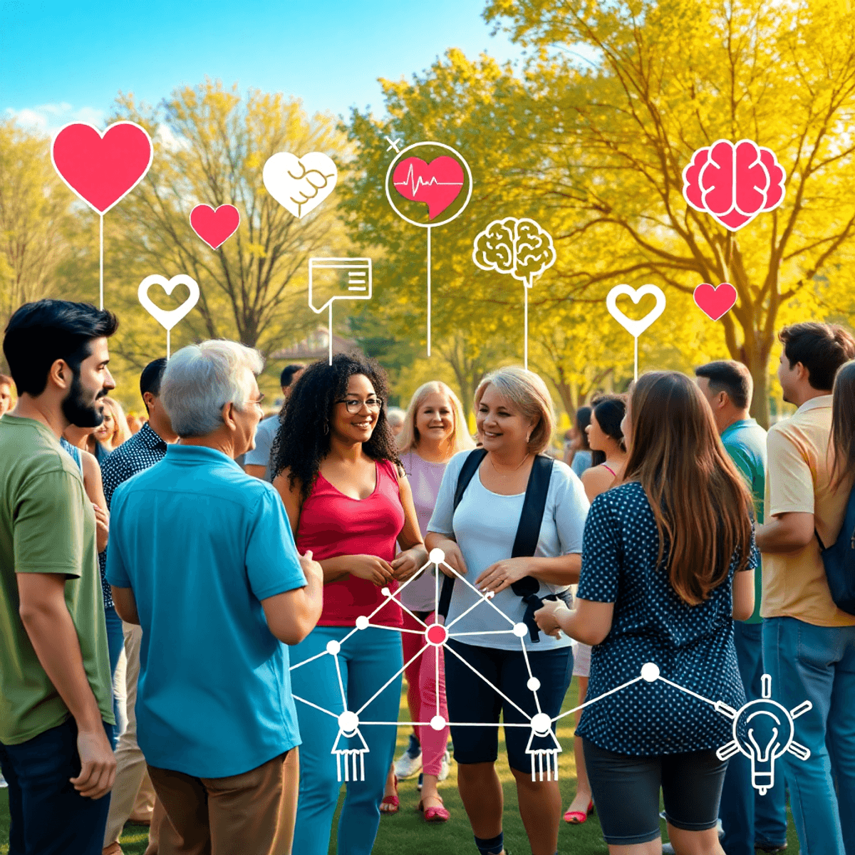 A lively community gathering in a sunny park with people engaging in supportive activities, surrounded by heart, brain, and connected hands symbols...