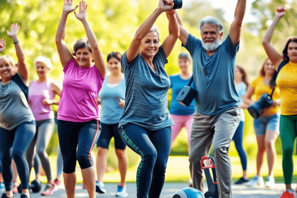 Functional Fitness at Any Age: Workouts That Enhance Everyday Life Skills A lively outdoor scene with people of various ages doing functional fitness exercises like squats, overhead reaches, and carrying weights against a...