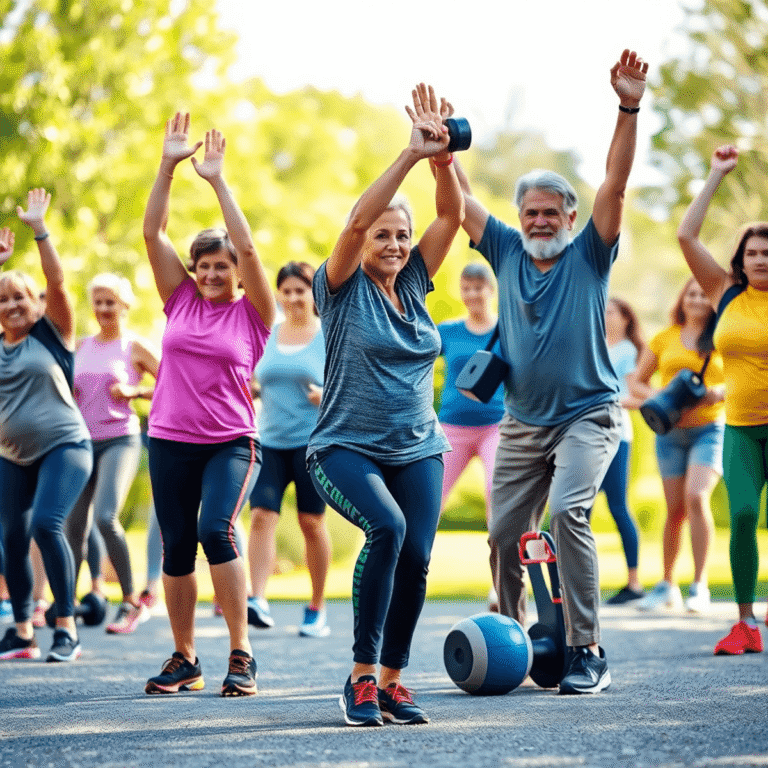 A lively outdoor scene with people of various ages doing functional fitness exercises like squats, overhead reaches, and carrying weights against a...