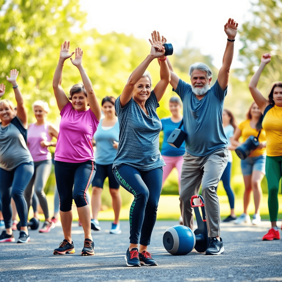 A lively outdoor scene with people of various ages doing functional fitness exercises like squats, overhead reaches, and carrying weights against a...