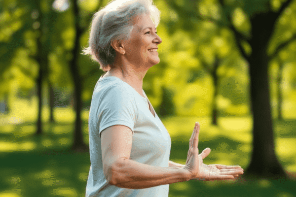 Adapting Workouts for Joint Health as You Age A mature woman gently stretching outdoors in a sunlit park surrounded by green trees, symbolizing joint health and active aging.