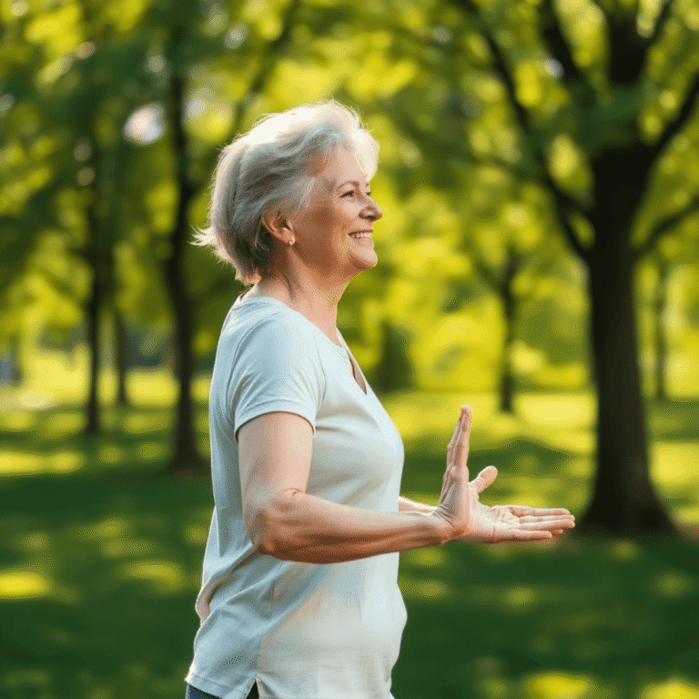 A mature woman gently stretching outdoors in a sunlit park surrounded by green trees, symbolizing joint health and active aging.