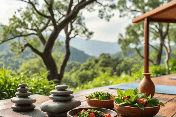 Wellness Travel Destinations for 2025: Retreats, Resorts, and Restorative Getaways A peaceful wellness retreat with massage stones, yoga mats, fresh plant-based meals, and lush greenery, evoking relaxation and holistic health.