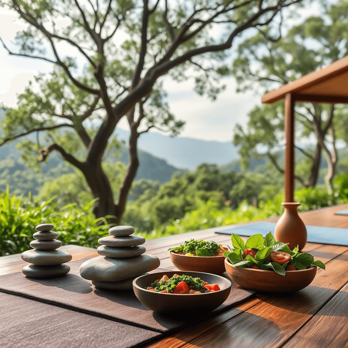 A peaceful wellness retreat with massage stones, yoga mats, fresh plant-based meals, and lush greenery, evoking relaxation and holistic health.