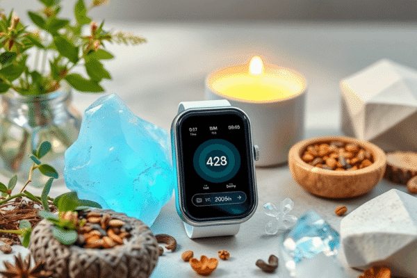 Emerging Wellness Trends for 2025: What Holistic Health Experts Predict A peaceful wellness setup with herbs, crystals, and a digital health monitor blending natural healing and advanced technology.