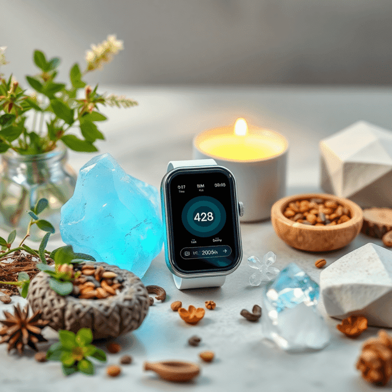 A peaceful wellness setup with herbs, crystals, and a digital health monitor blending natural healing and advanced technology.