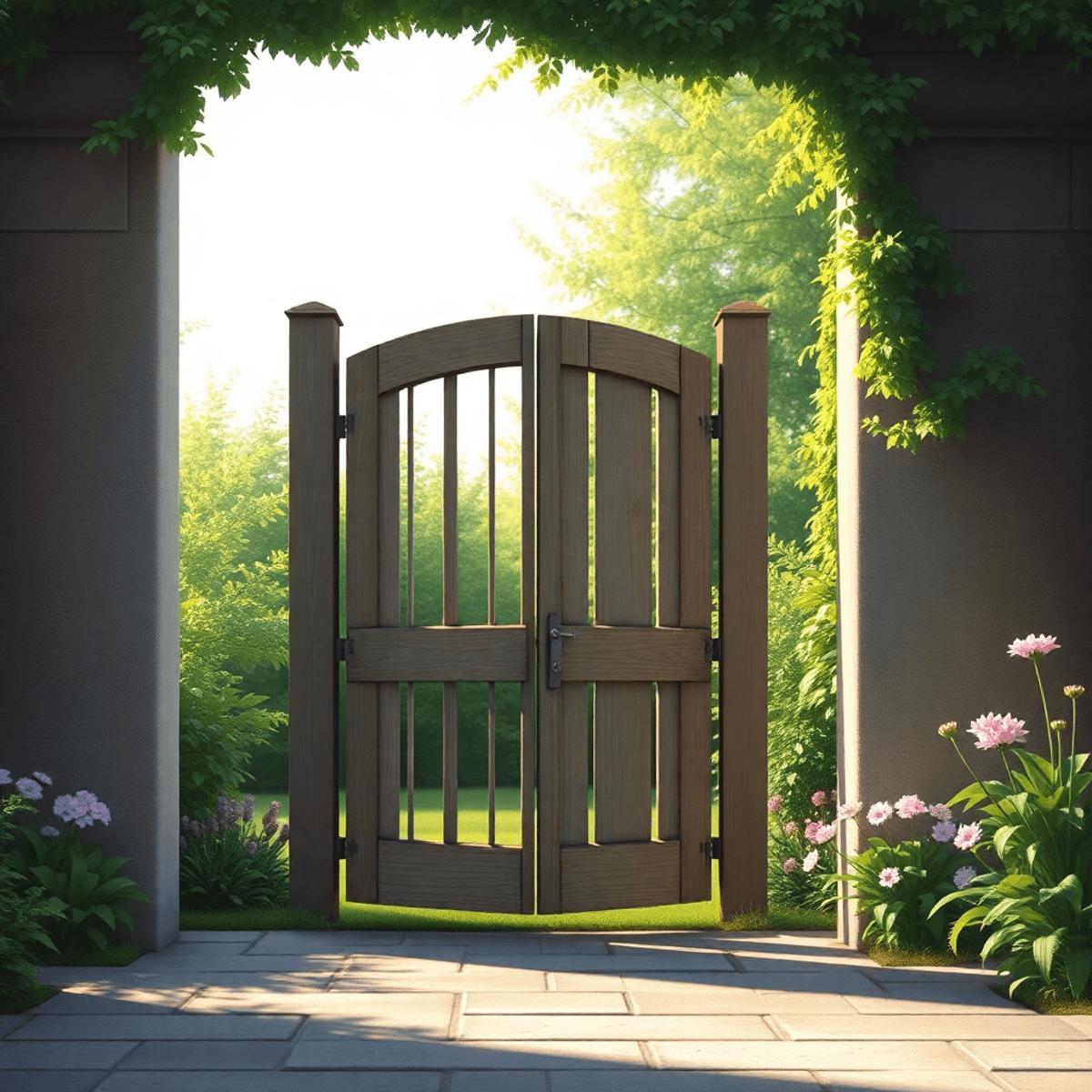 A serene garden gate slightly open with soft natural light, surrounded by greenery and flowers, symbolizing peace, balance, and healthy boundaries.
