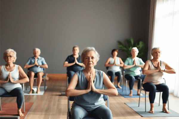 Adaptive Yoga Practices for Seniors and People with Limited Mobility A serene indoor yoga studio with seniors practicing gentle adaptive yoga using chairs and blocks, bathed in soft natural light, creating a calm and...