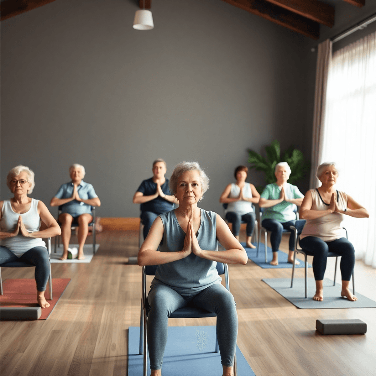 A serene indoor yoga studio with seniors practicing gentle adaptive yoga using chairs and blocks, bathed in soft natural light, creating a calm and...