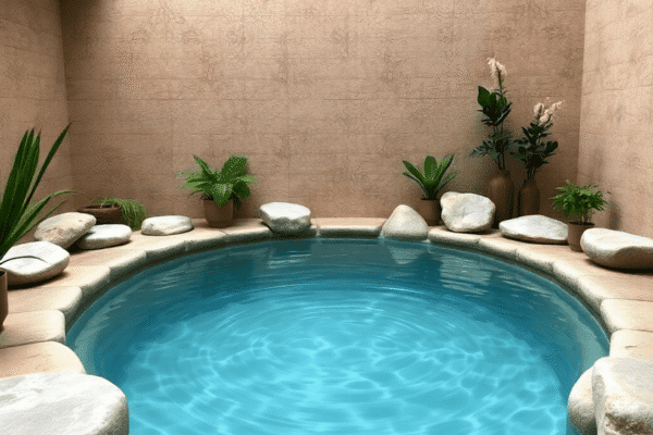 Hydrotherapy Benefits Beyond Hydration: Showers, Baths, and Cold Plunges Explained A serene spa with a clear cold plunge pool, smooth stones, greenery, and gentle water ripples creating a fresh, healing atmosphere.