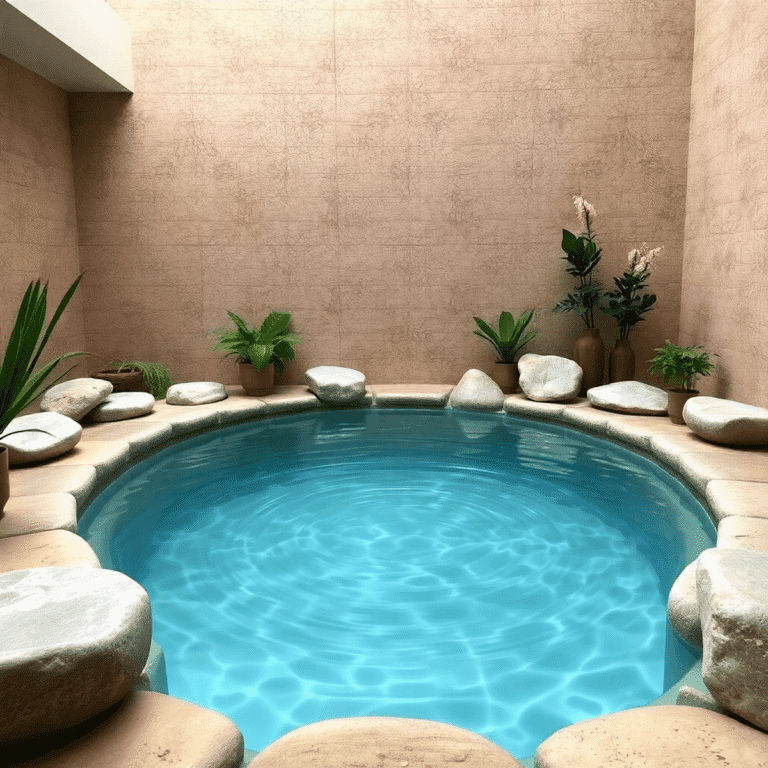 A serene spa with a clear cold plunge pool, smooth stones, greenery, and gentle water ripples creating a fresh, healing atmosphere.