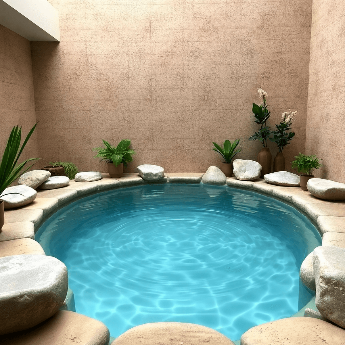 A serene spa with a clear cold plunge pool, smooth stones, greenery, and gentle water ripples creating a fresh, healing atmosphere.