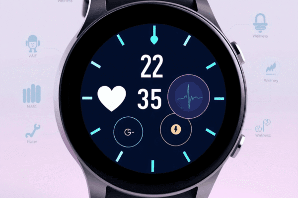 Smart Wearables in Wellness: How Technology Is Transforming Self-Care in 2025 A sleek modern smartwatch showing heart rate and sleep data, surrounded by digital icons for AI, wellness, and biometrics on a bright background.