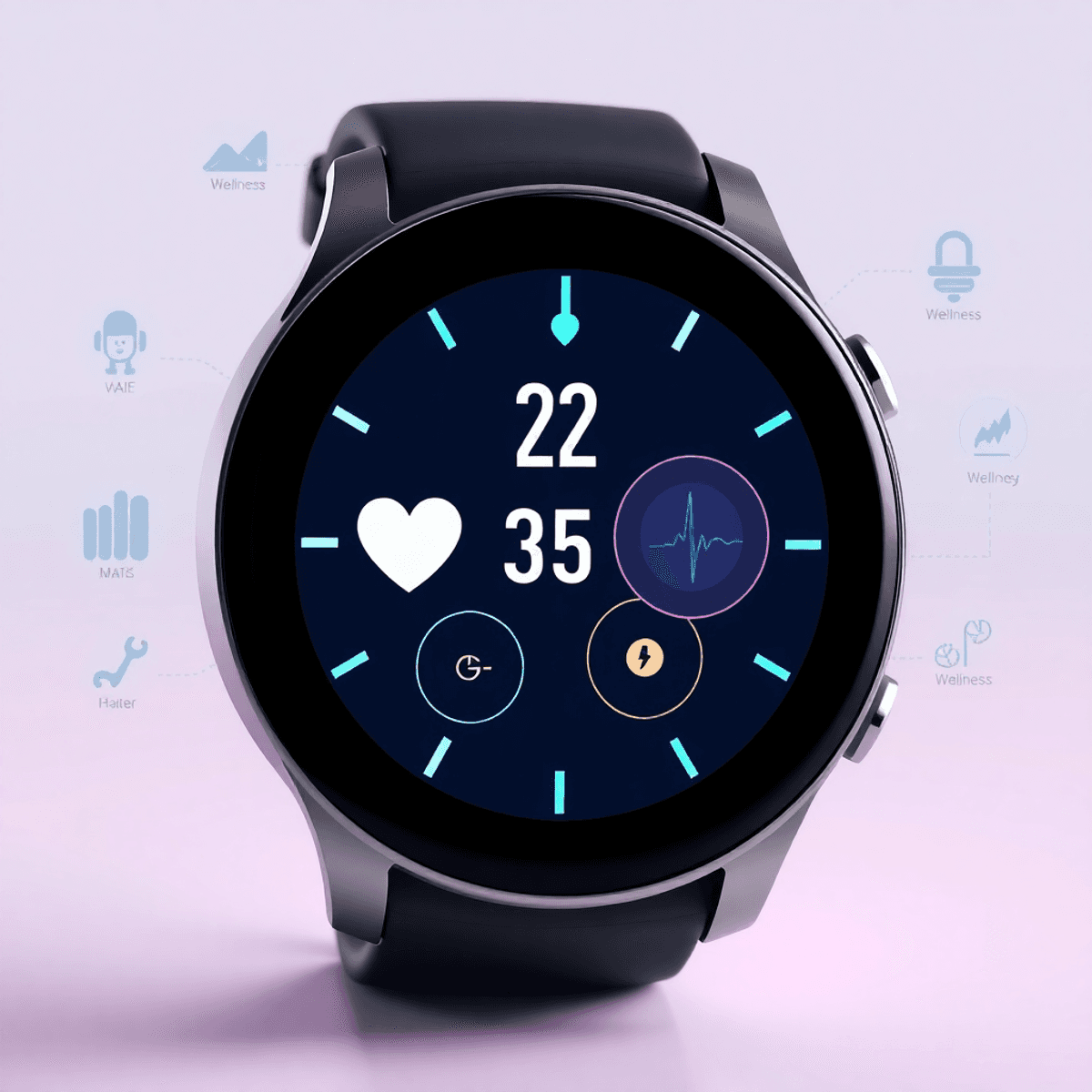 A sleek modern smartwatch showing heart rate and sleep data, surrounded by digital icons for AI, wellness, and biometrics on a bright background.