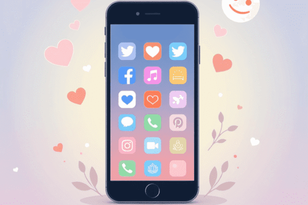 Navigating Social Media Mindfully: Tips for Protecting Your Mental Health Online A smartphone screen with social media icons surrounded by hearts, chat bubbles, a lotus flower, and a peaceful face on a soft gradient background.