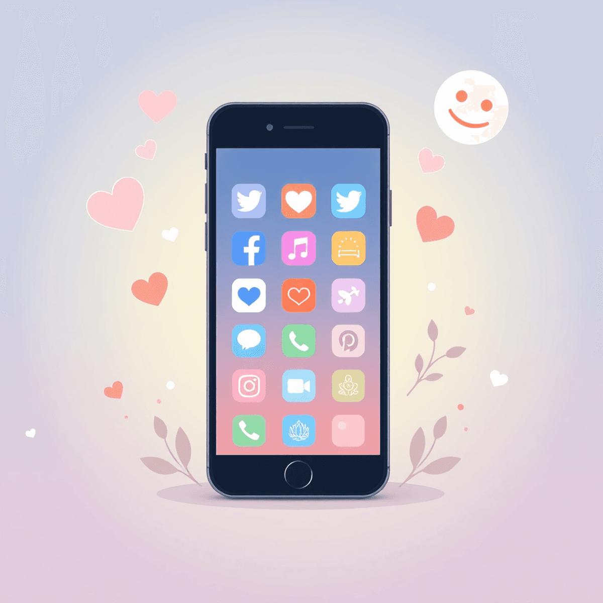 A smartphone screen with social media icons surrounded by hearts, chat bubbles, a lotus flower, and a peaceful face on a soft gradient background.