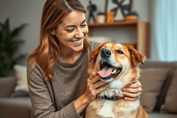 How Pets Improve Emotional Wellbeing According to Research A woman gently petting her content dog in a cozy living room, highlighting their emotional bond and the comfort of pet companionship.