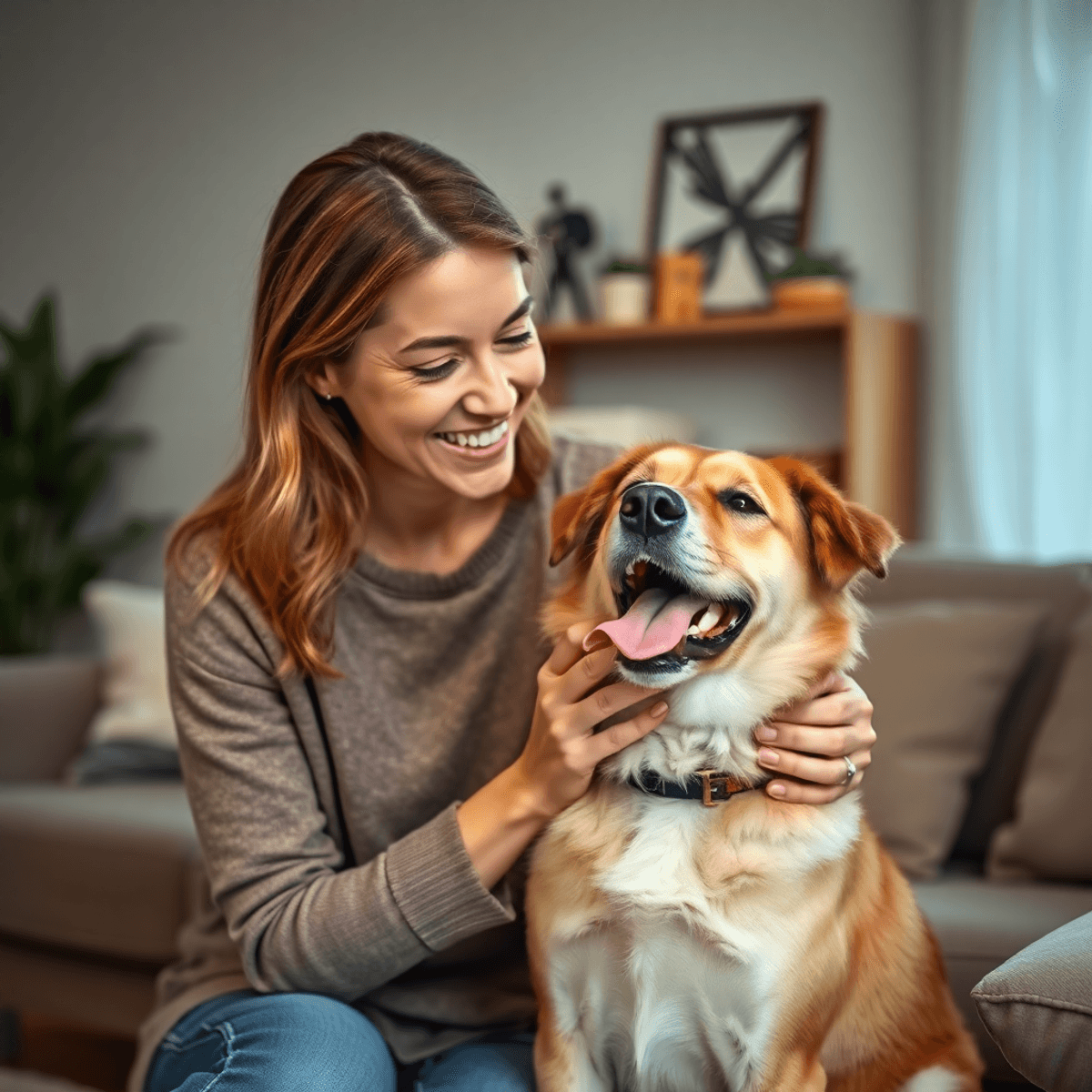 A woman gently petting her content dog in a cozy living room, highlighting their emotional bond and the comfort of pet companionship.