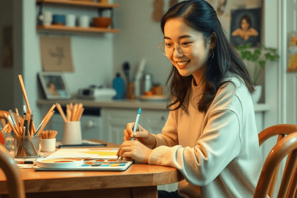 How Art Therapy Supports Emotional Healing at Home A woman painting with bright colors at a kitchen table surrounded by art supplies, creating a cozy and creative atmosphere.