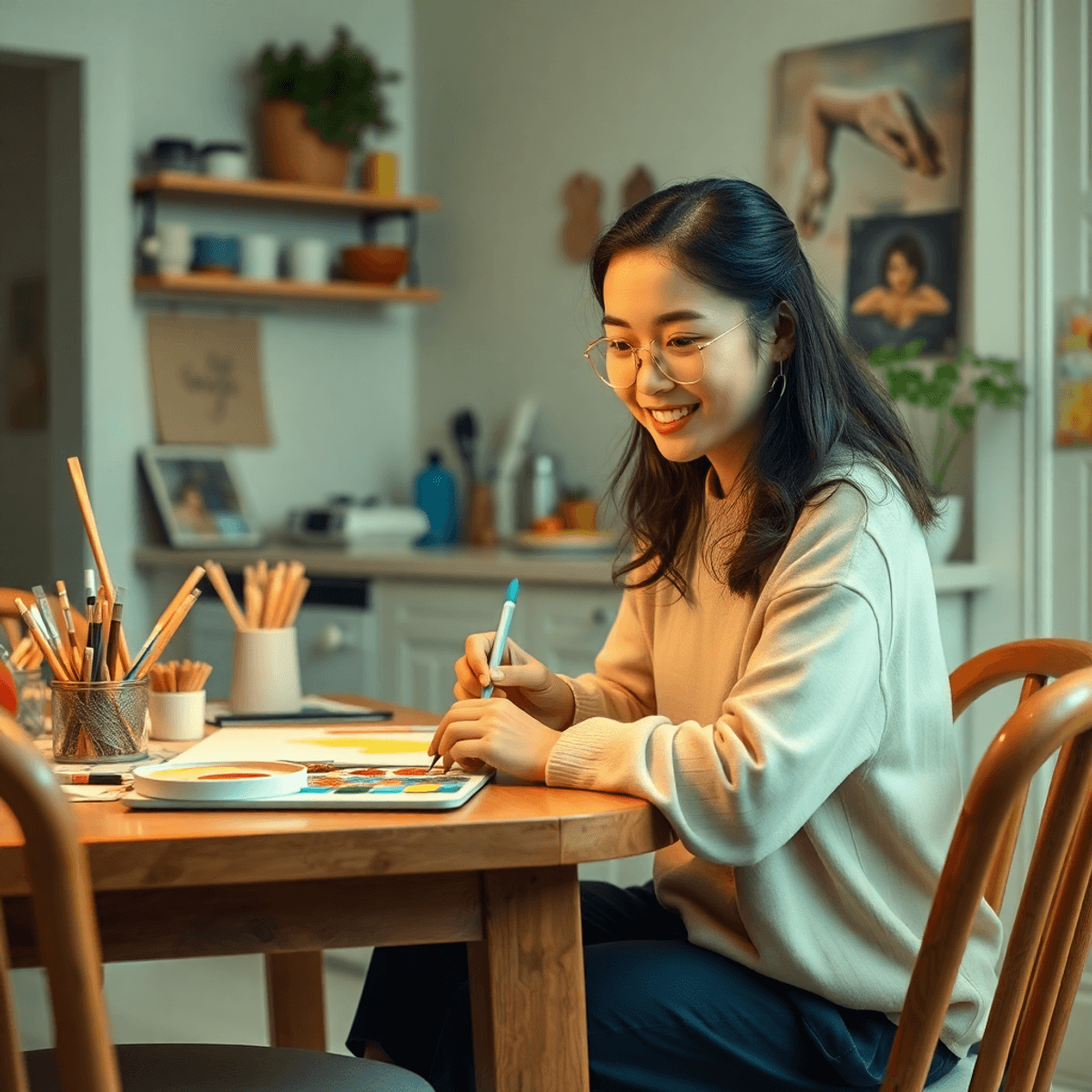 A woman painting with bright colors at a kitchen table surrounded by art supplies, creating a cozy and creative atmosphere.