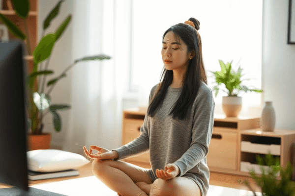 Building Emotional Intelligence Through Daily Mindfulness Habits A woman practicing mindfulness meditation in a serene, softly lit workspace with minimalistic decor, symbolizing calm and focus.