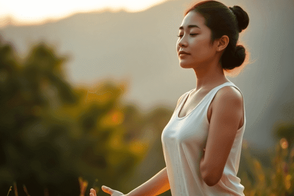 Mind-Body Approaches to Managing Chronic Pain Without Medication A woman practicing yoga outdoors at sunrise, surrounded by soft light and gentle greenery, symbolizing calm and holistic wellness.