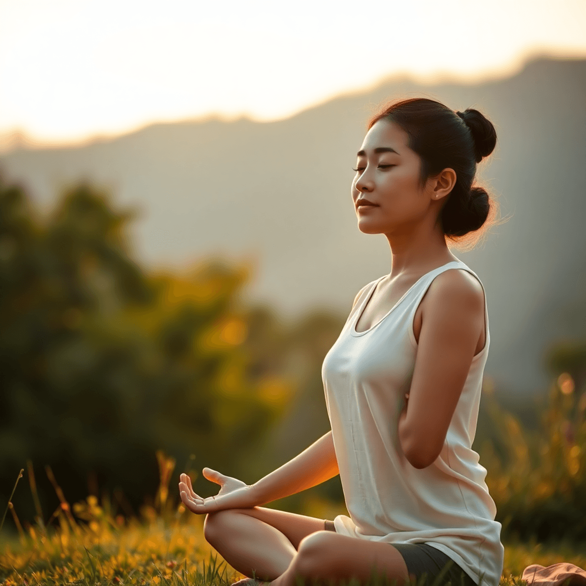 A woman practicing yoga outdoors at sunrise, surrounded by soft light and gentle greenery, symbolizing calm and holistic wellness.