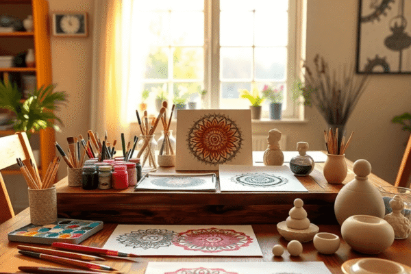 Healing Power of Art Therapy: Creative Outlets for Stress Relief at Home A wooden table with colorful paints, brushes, mandala drawings, and clay sculptures bathed in soft natural light, creating a calm and creative atmo...