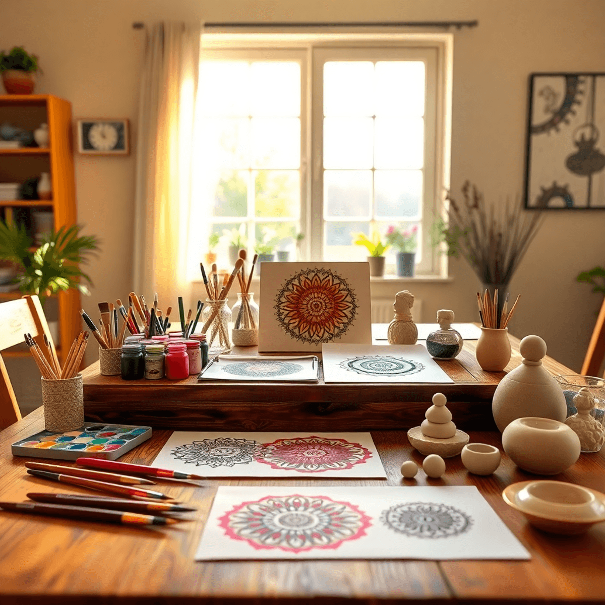A wooden table with colorful paints, brushes, mandala drawings, and clay sculptures bathed in soft natural light, creating a calm and creative atmo...