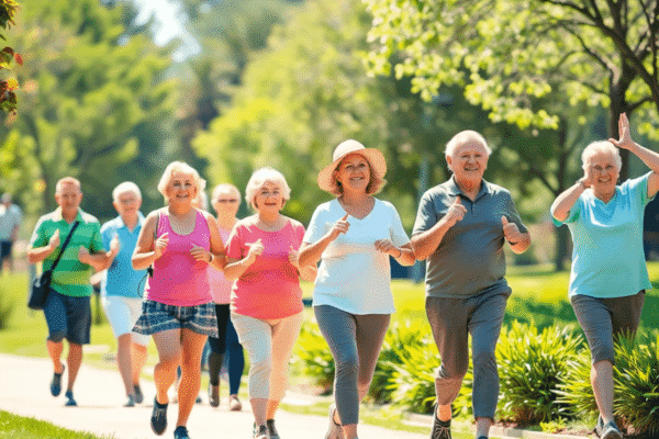 Supplements for Healthy Aging: What’s Worth Taking? Active older adults enjoying walking and yoga in a sunny, green park, symbolizing health and vitality.